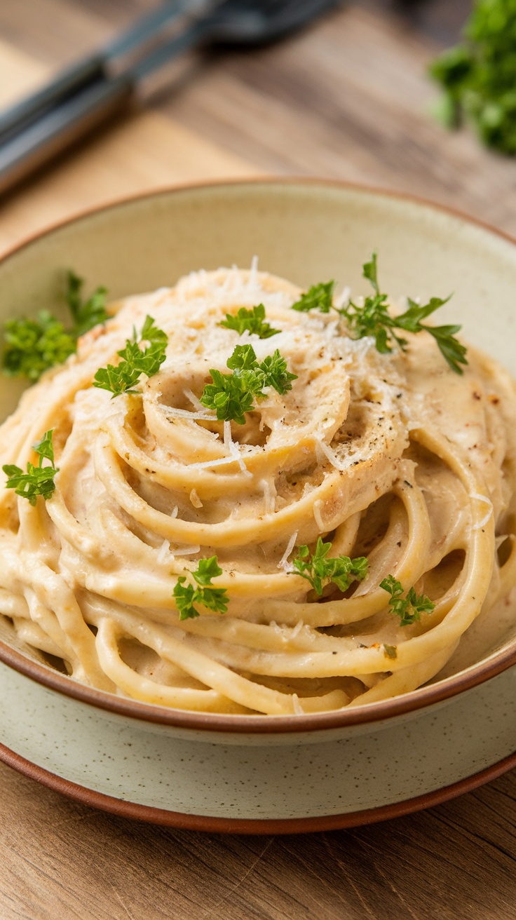 A bowl of creamy garlic parmesan pasta topped with parsley and grated cheese.