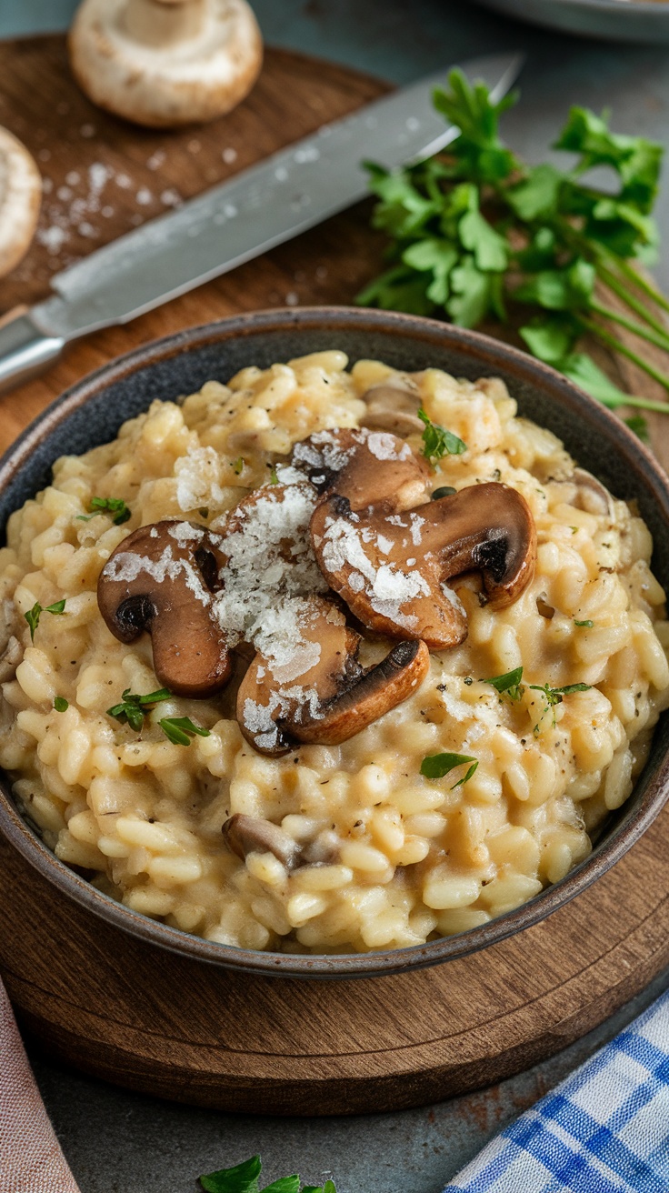 A bowl of creamy mushroom risotto topped with sliced mushrooms and parsley.