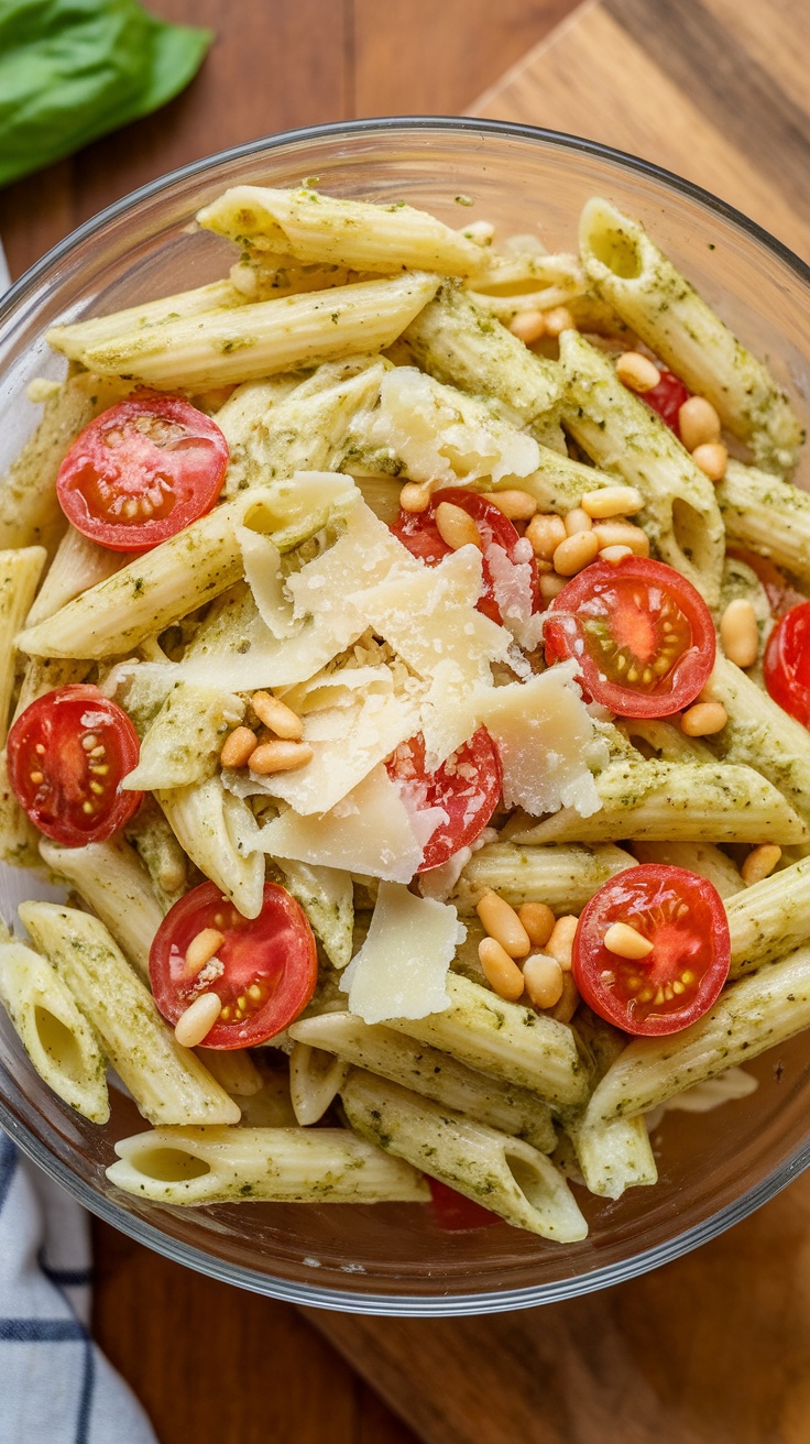 A bowl of creamy pesto pasta salad with cherry tomatoes and pine nuts