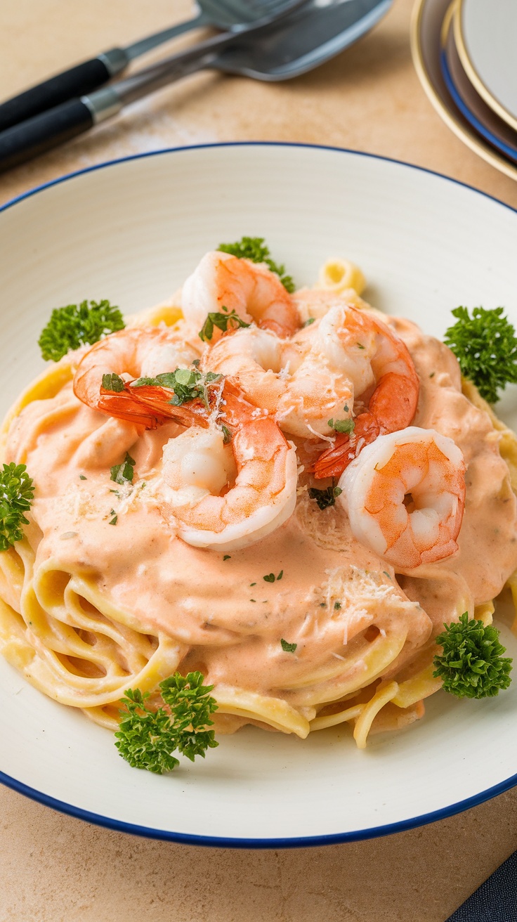 A delicious plate of creamy shrimp Alfredo with fettuccine pasta and garnished with parsley.