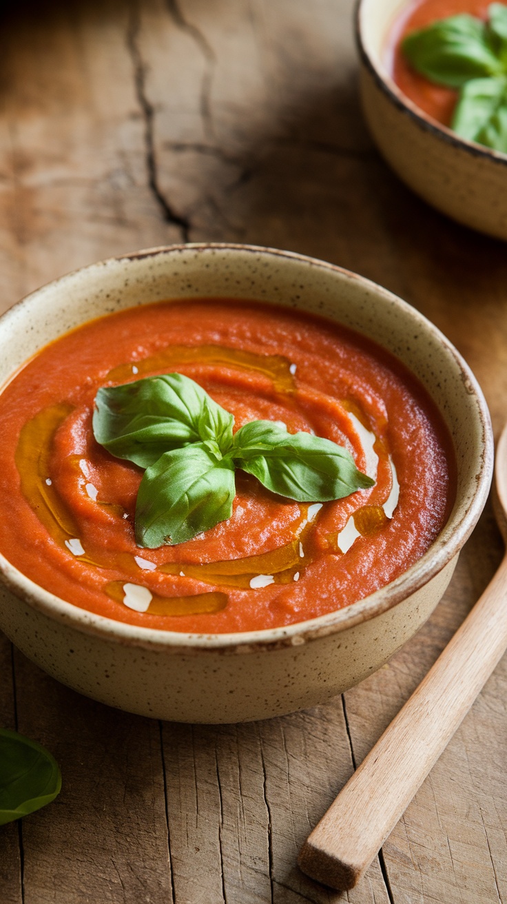 A bowl of creamy tomato basil soup garnished with fresh basil leaves.