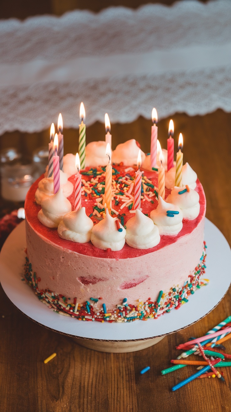 A beautifully decorated cake with candles and colorful sprinkles on top