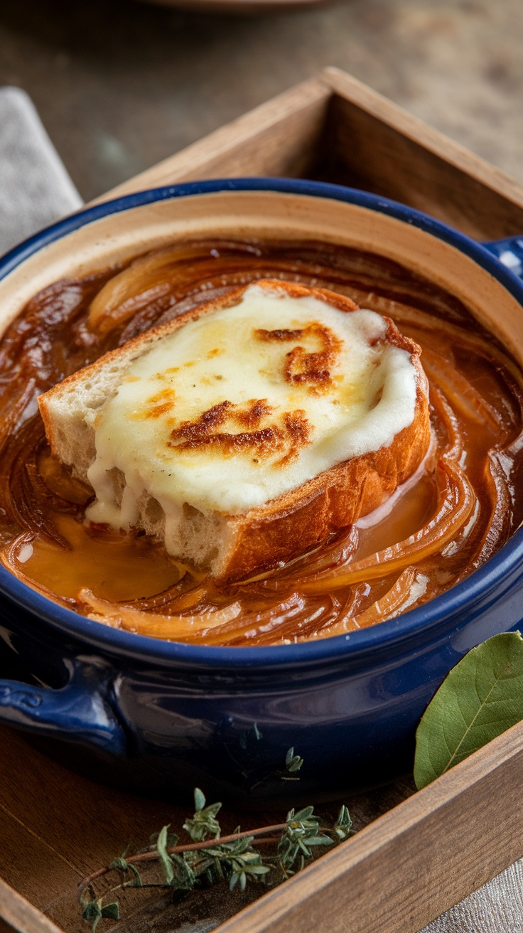 A bowl of French onion soup topped with melted Gruyere cheese on toasted bread.