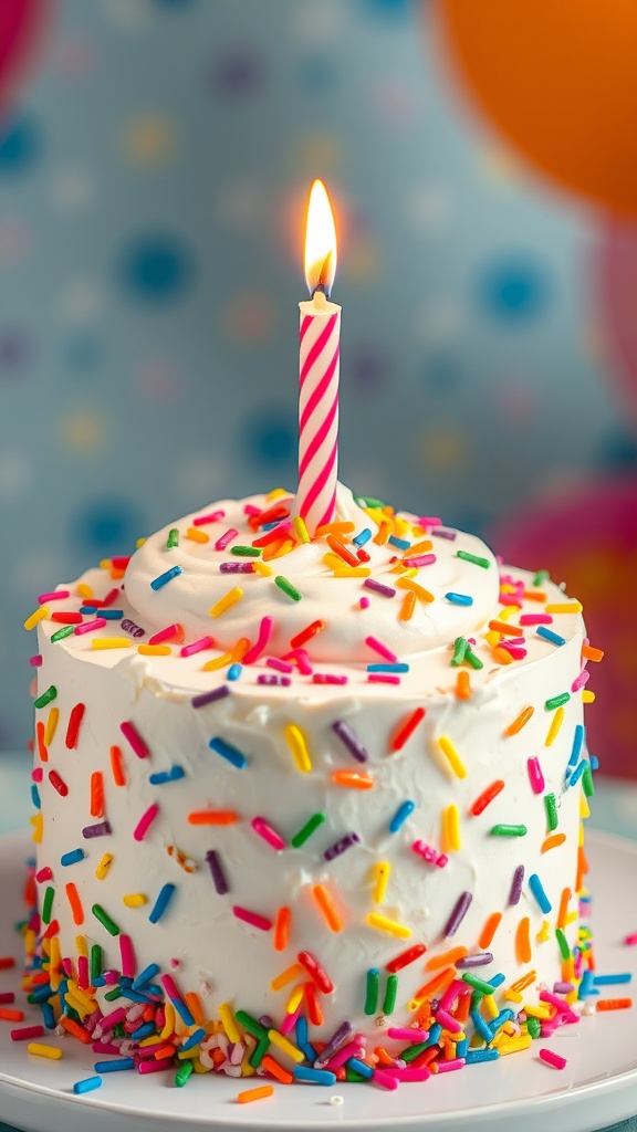 A funfetti celebration cake decorated with colorful sprinkles and a lit candle on top, surrounded by balloons.