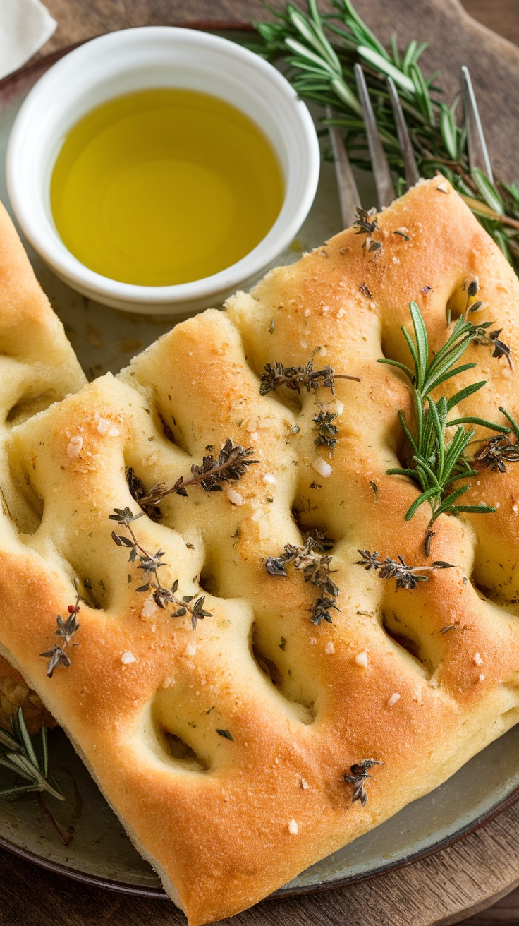 Freshly baked garlic and herb focaccia bread.