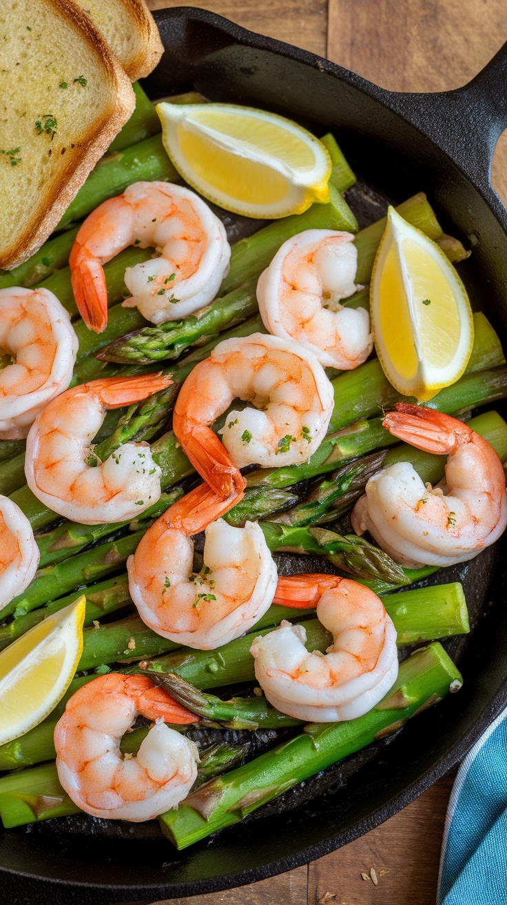 Garlic Butter Shrimp with Asparagus in a skillet, garnished with lemon and parsley.