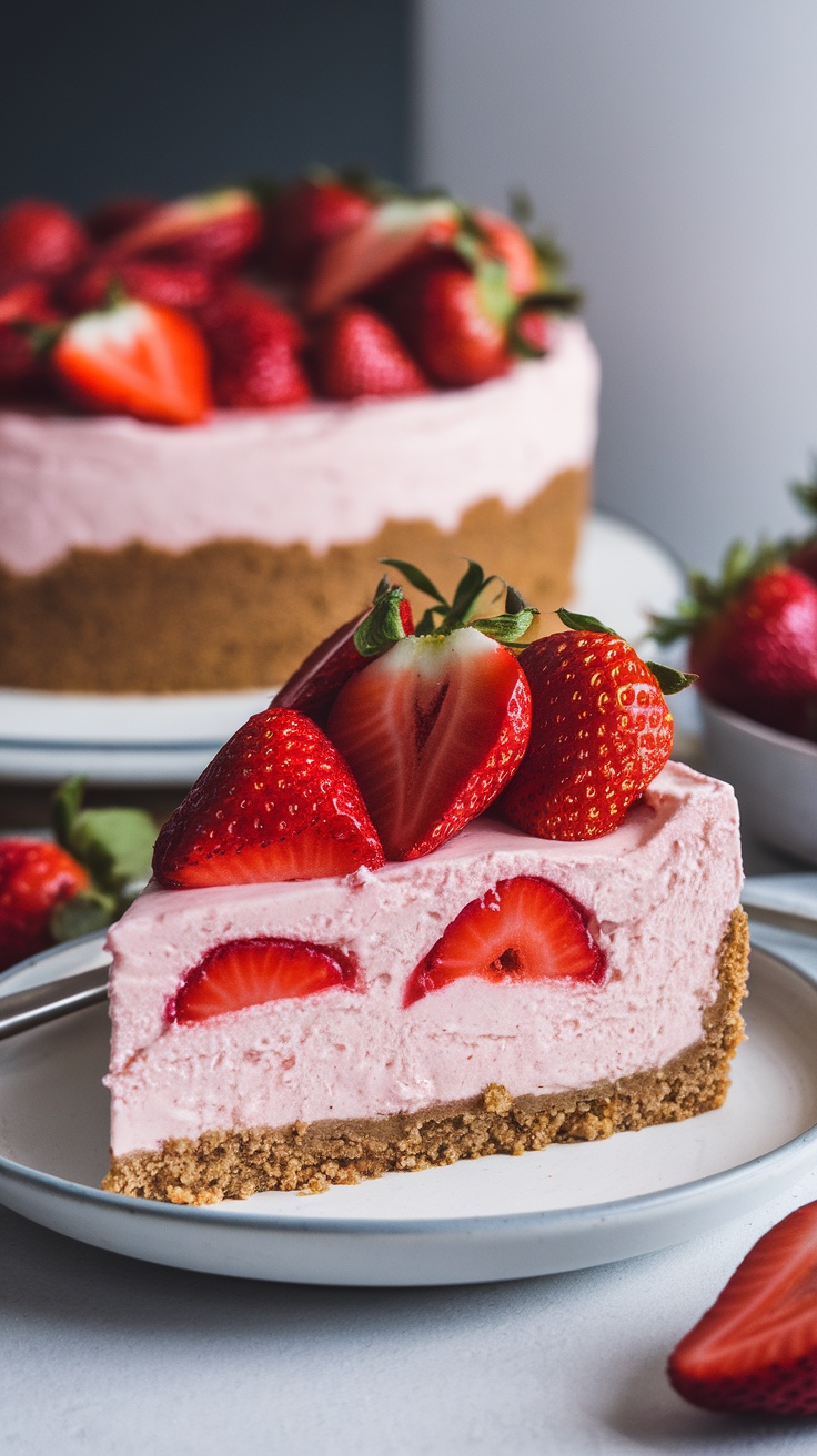 A slice of gluten-free strawberry cheesecake dump cake topped with fresh strawberries, showcasing a creamy texture and crumbly base.