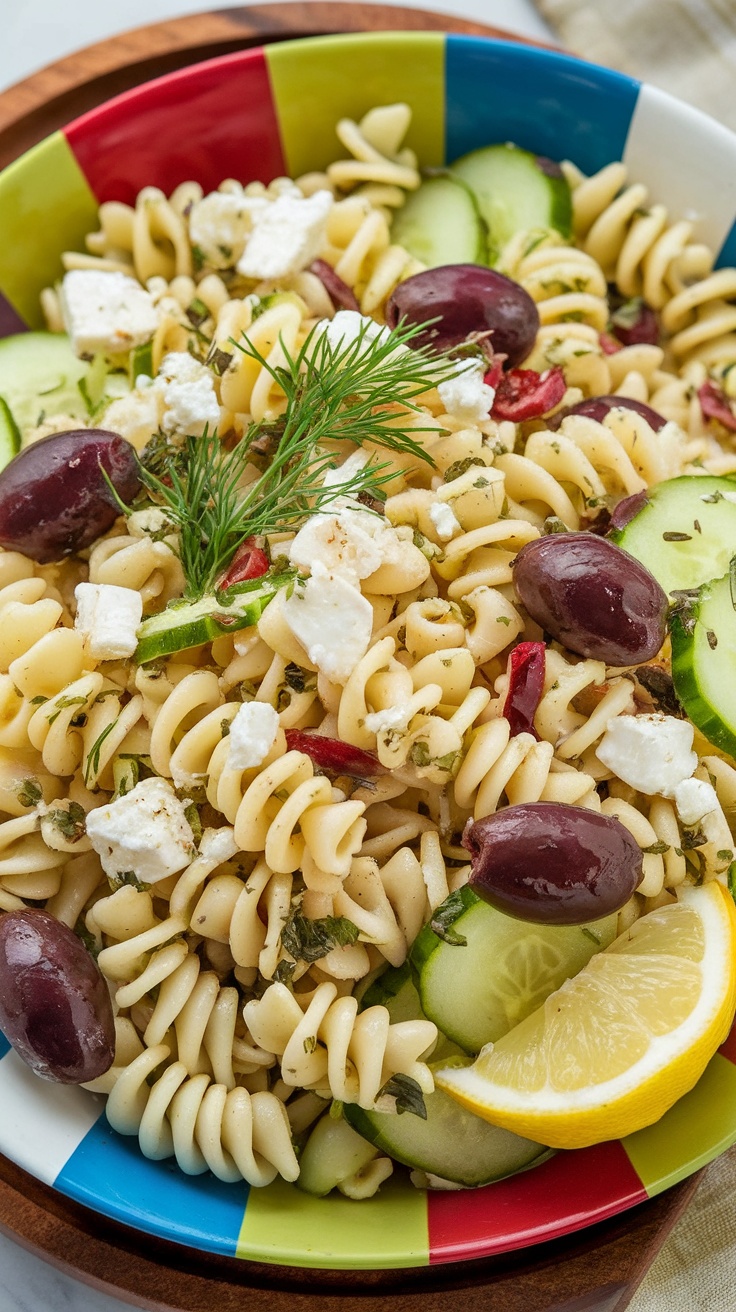 A colorful bowl of Greek pasta salad with rotini, Kalamata olives, cucumber, and feta cheese.