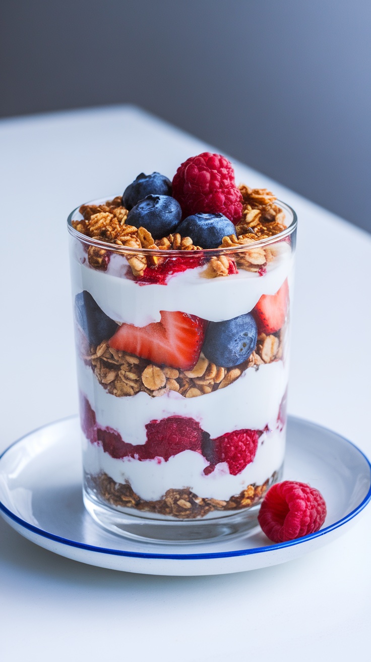 A Greek Yogurt Parfait layered with berries and granola in a glass.