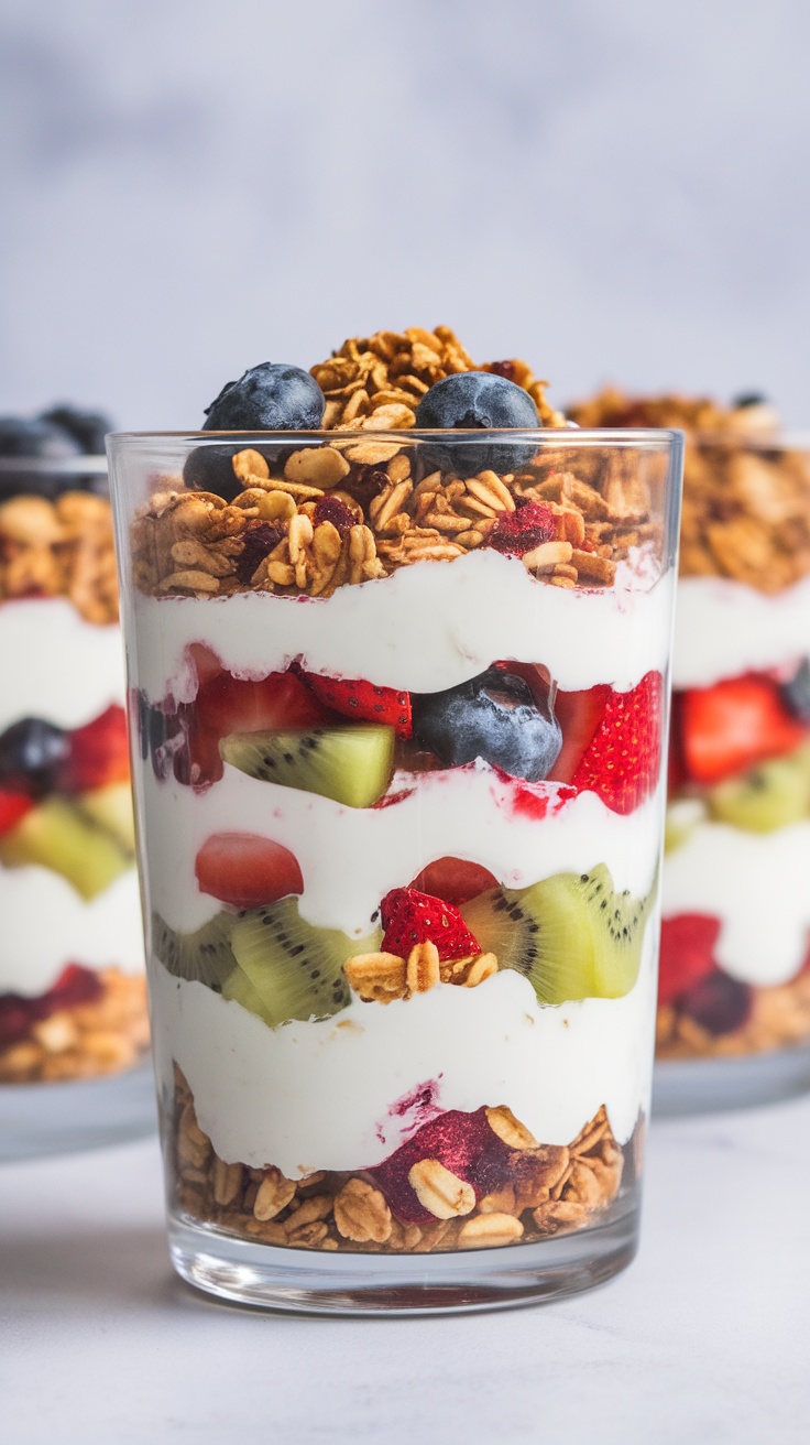 A layered Greek yogurt parfait with fruits and granola in a glass.