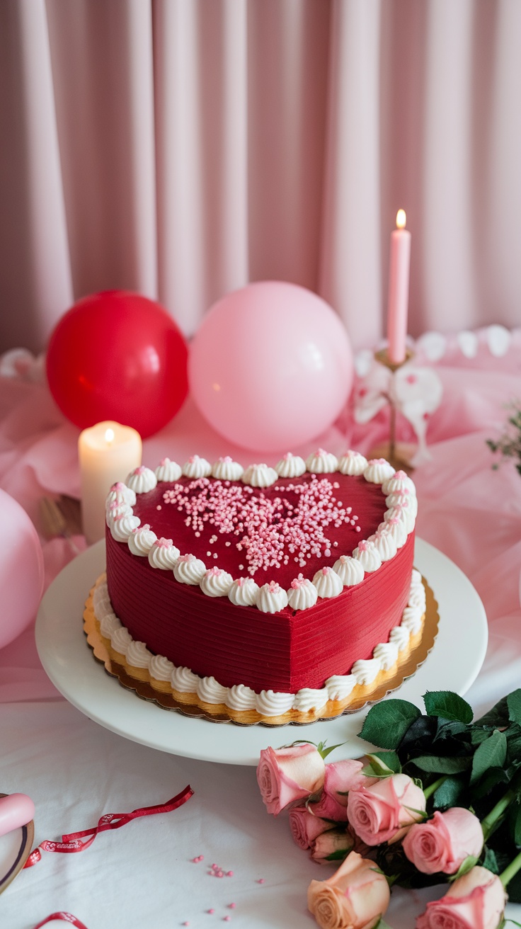 A heart-shaped red velvet cake decorated with cream cheese frosting and pink sprinkles, surrounded by pink and red balloons and roses.