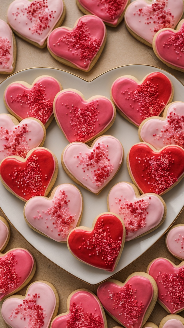 A plate of heart-shaped sugar cookies decorated with pink and red royal icing and sprinkles.