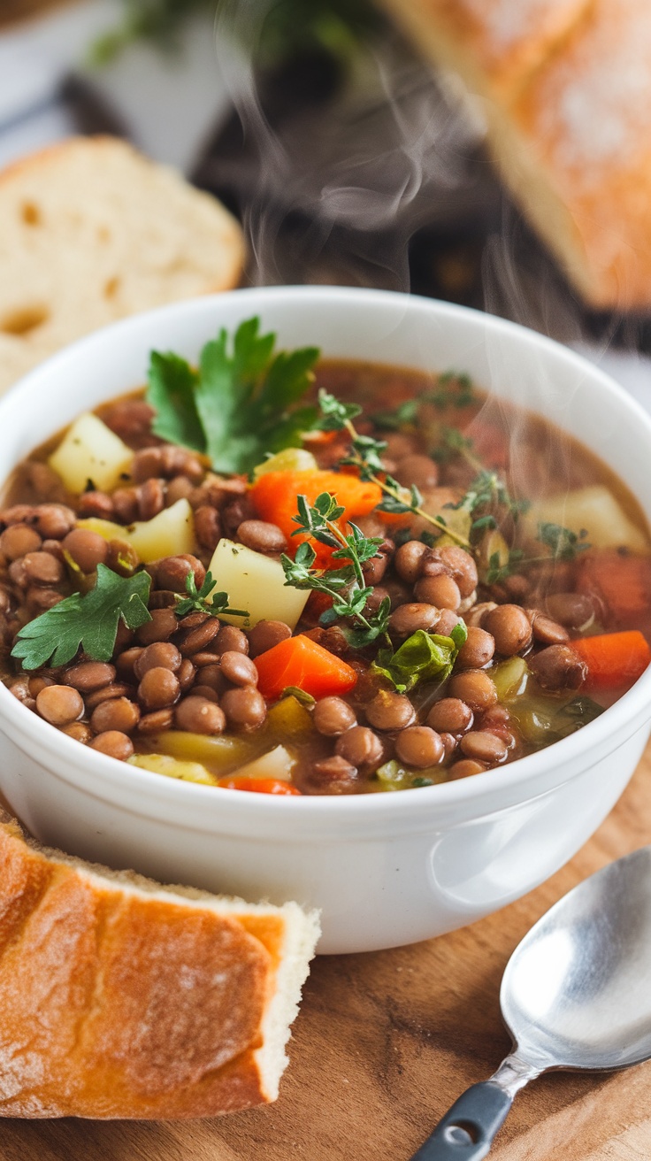 A bowl of hearty vegetable lentil soup with colorful vegetables and a piece of crusty bread on the side.