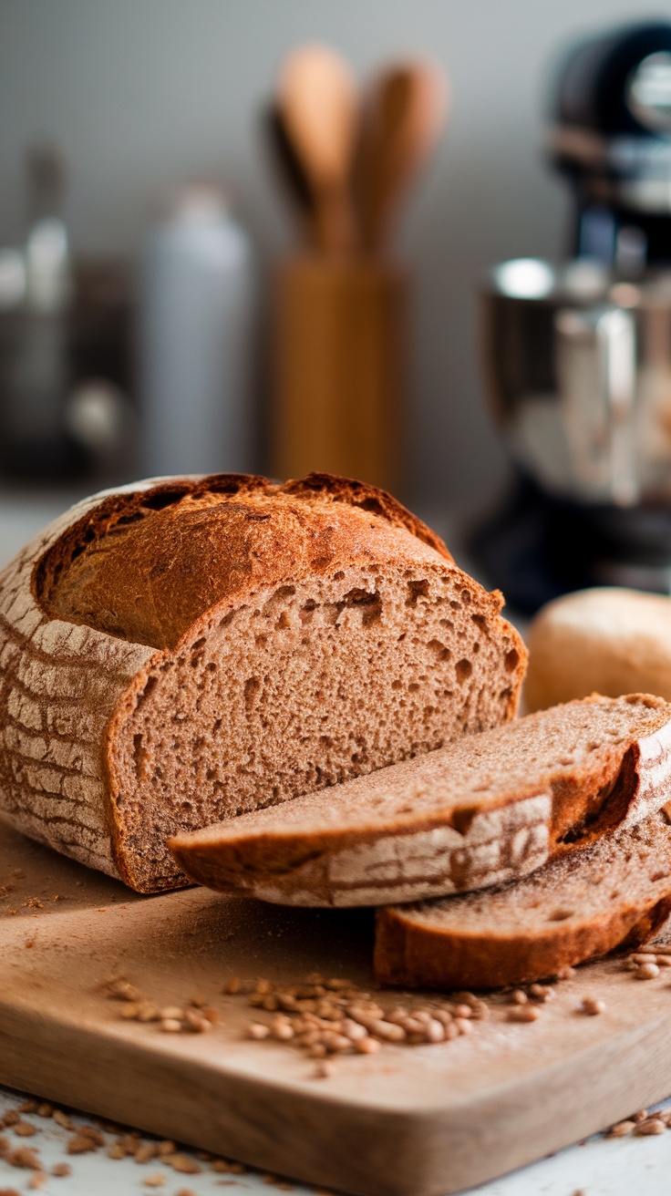 Sliced homemade whole wheat bread on a wooden cutting board