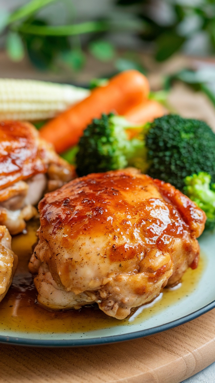 Honey garlic chicken thighs served with broccoli and carrots