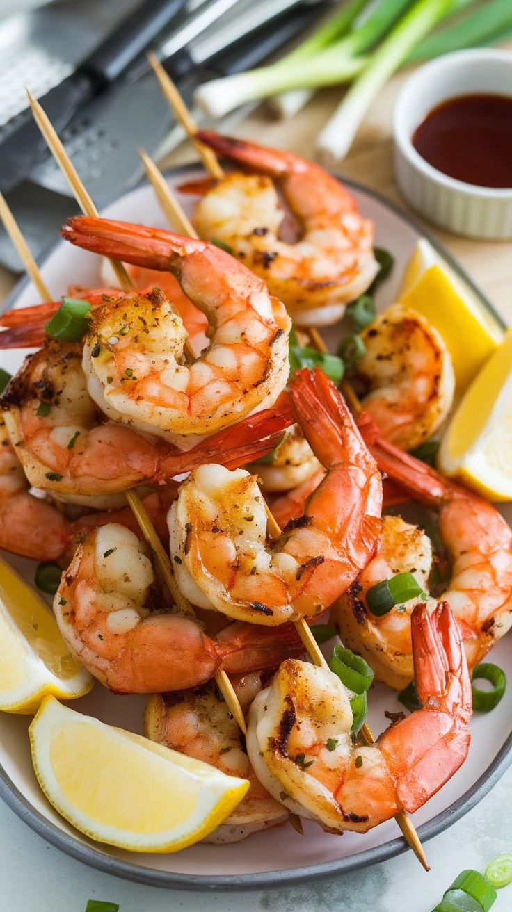 Honey garlic shrimp skewers garnished with green onions and lemon slices