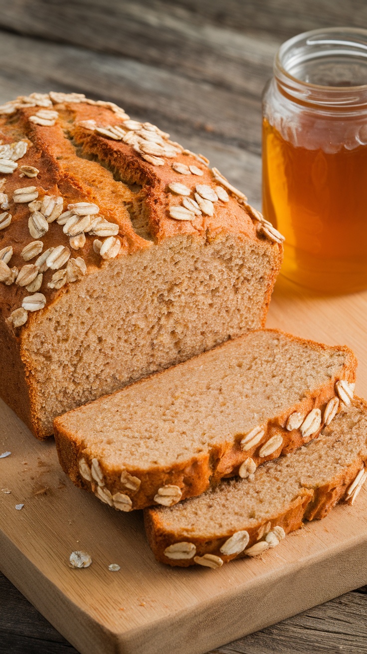 A freshly baked loaf of honey oatmeal bread with slices cut and a jar of honey beside it.