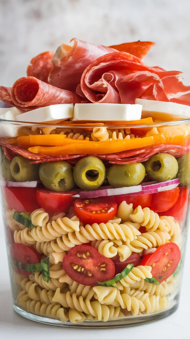 A colorful layered Italian Antipasto Pasta Salad in a glass jar.