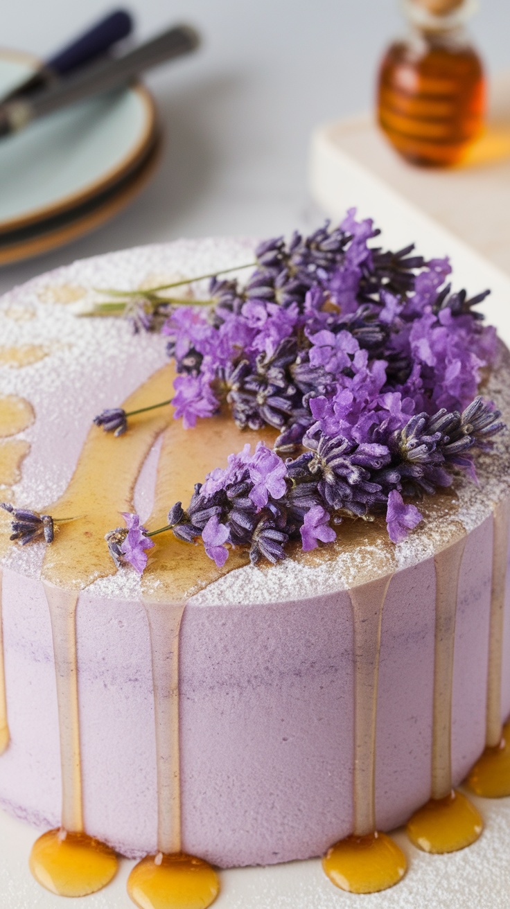 A beautifully decorated lavender honey cake with purple frosting, honey drizzle, and fresh lavender flowers on top.