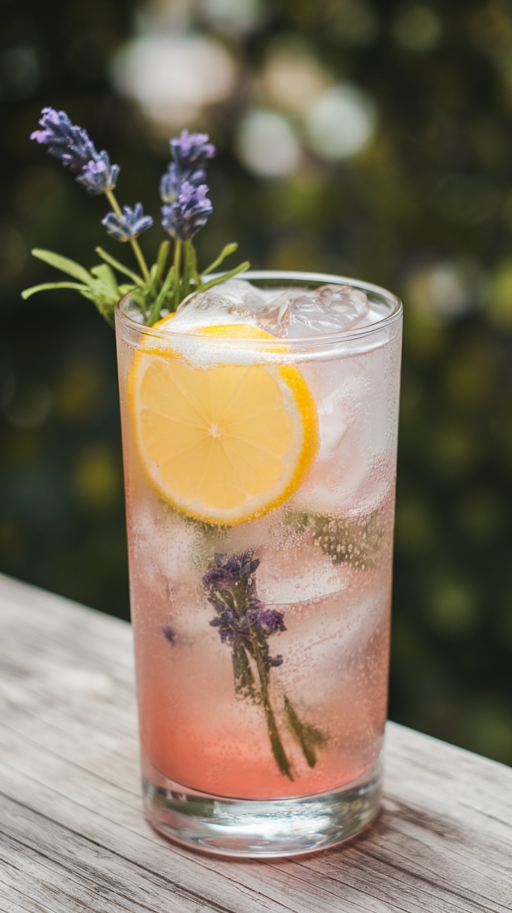 A glass of Lavender Lemonade Spritz with lemon slices and lavender sprigs