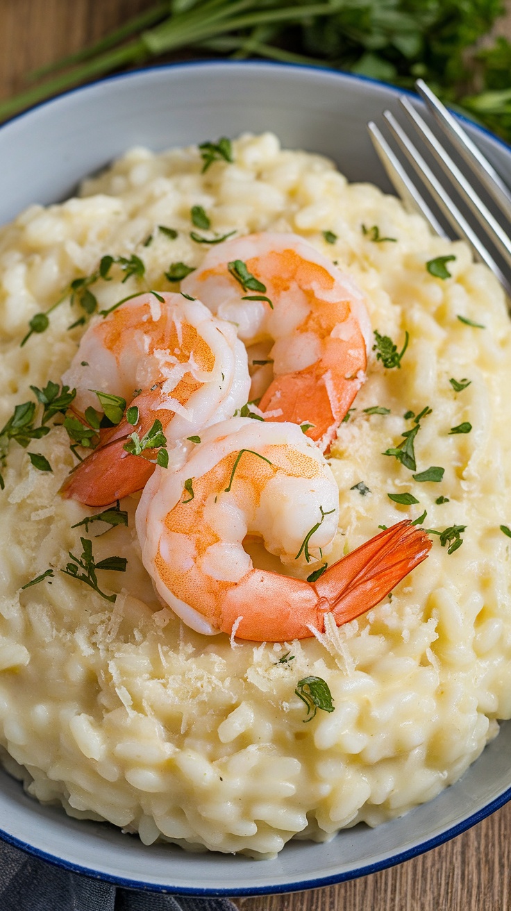 A delicious bowl of lemon butter shrimp risotto topped with shrimp and parsley.