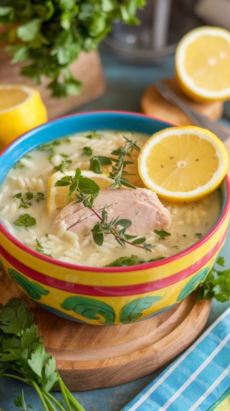 Bowl of Lemon Chicken Orzo Soup garnished with lemon slices and herbs.