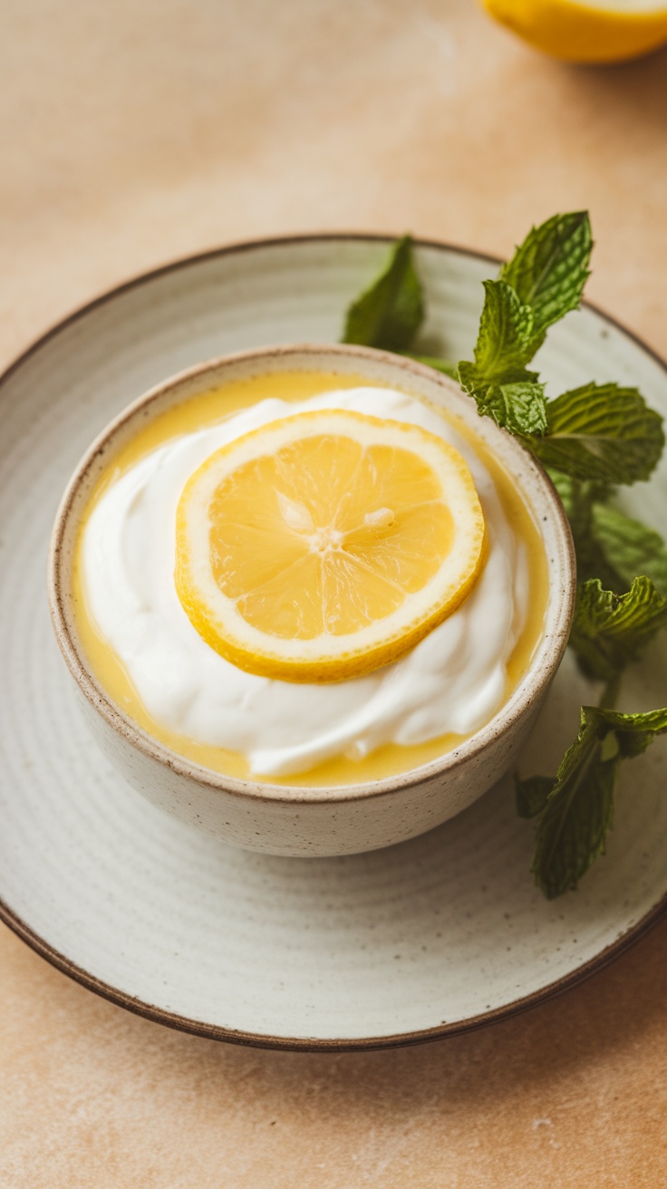 A bowl of lemon cottage cheese pudding topped with whipped cream and a lemon slice