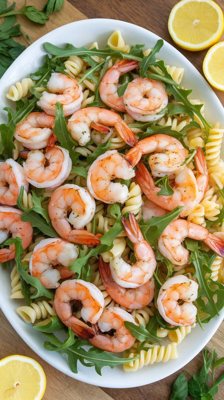 A vibrant plate of Lemon Garlic Shrimp Pasta Salad with arugula and lemon slices.