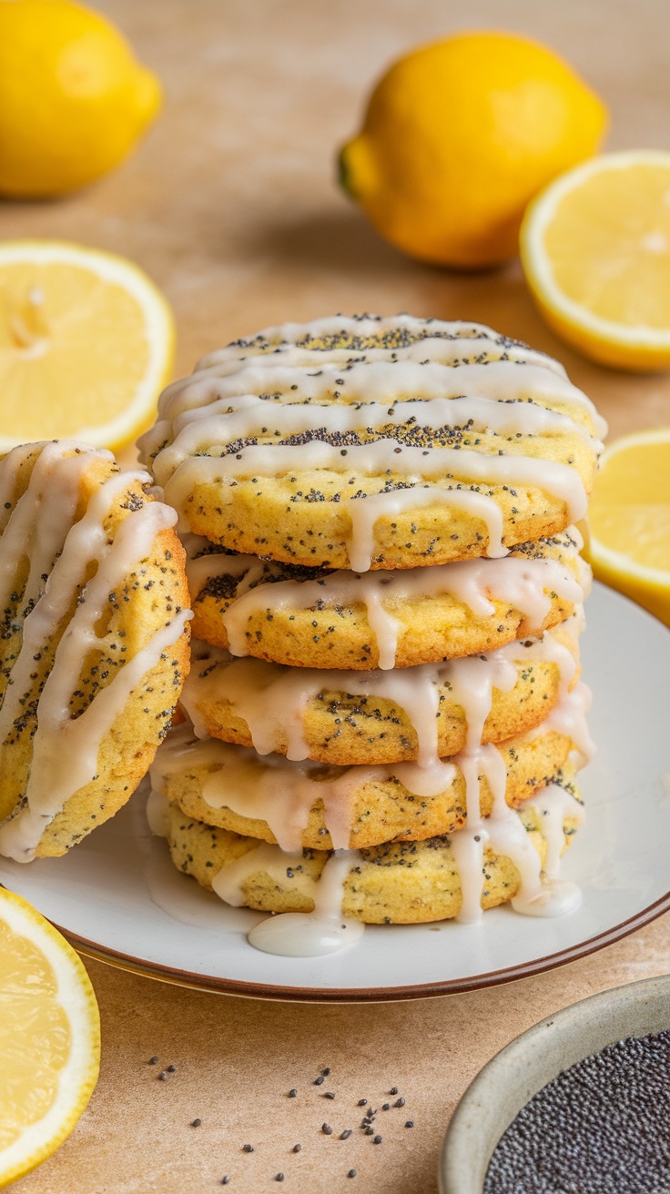 Stack of lemon poppy seed cookies drizzled with glaze, surrounded by lemon halves and poppy seeds.