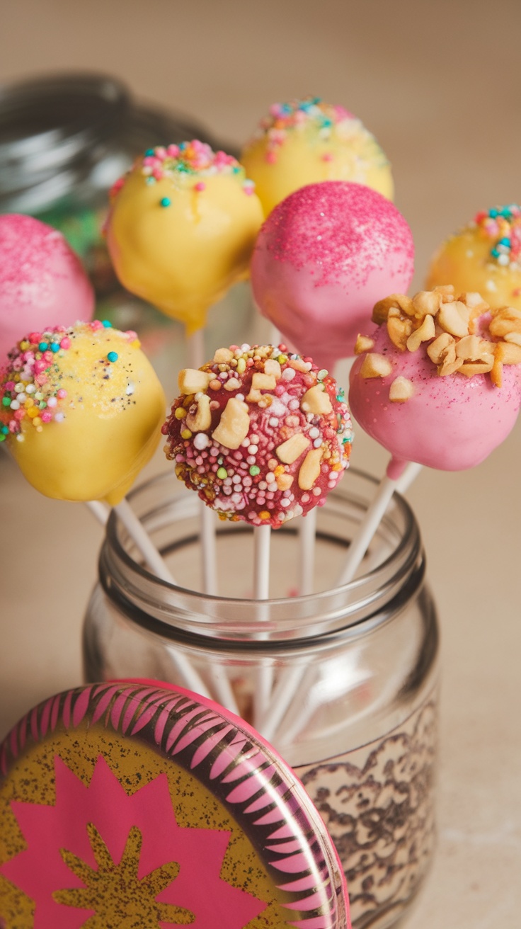 Colorful lemon raspberry cake pops in a jar with sprinkles and nuts on top