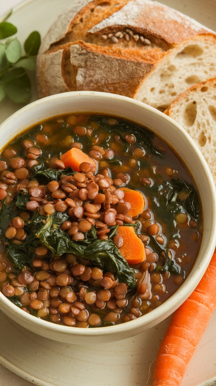 A bowl of lentil soup with spinach and carrots, served with slices of bread.