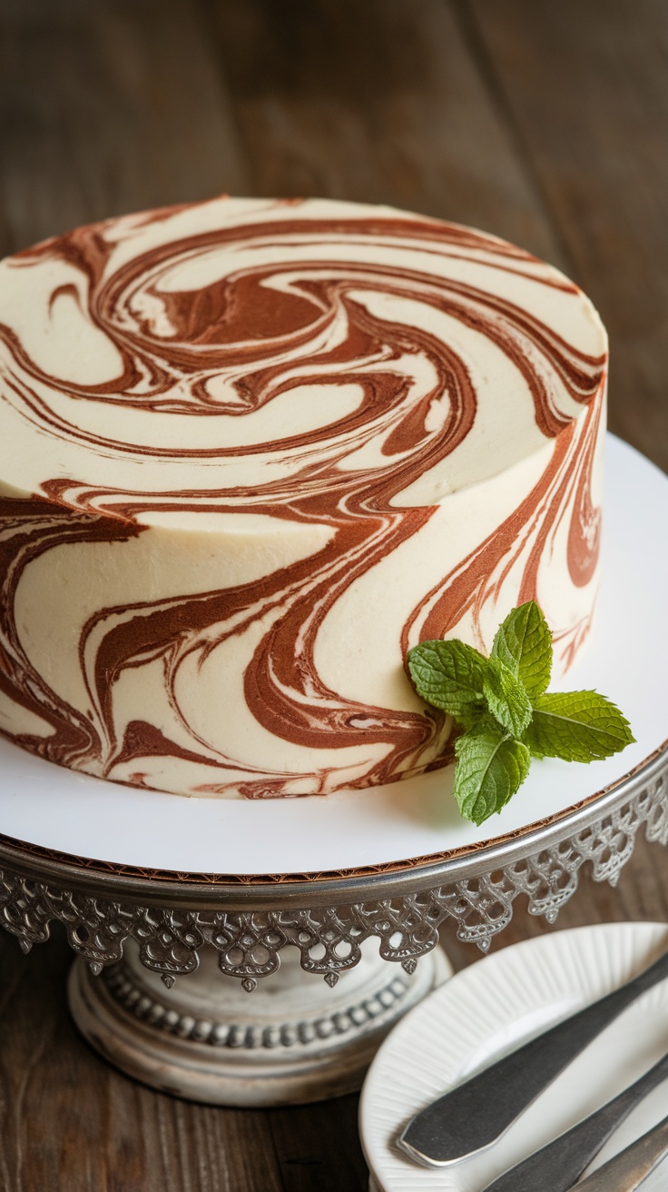 A marble swirl cake with chocolate and vanilla patterns, garnished with mint leaves on a decorative cake stand.