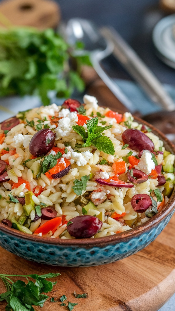 A bowl of Mediterranean Orzo Salad with Feta, featuring colorful vegetables and garnished with herbs.