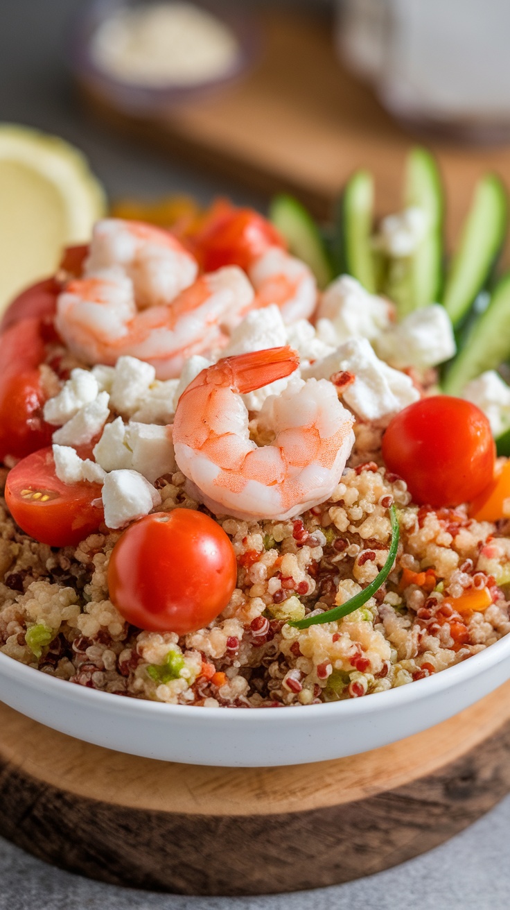 A bowl of Mediterranean shrimp quinoa with tomatoes, cucumber, and feta cheese.