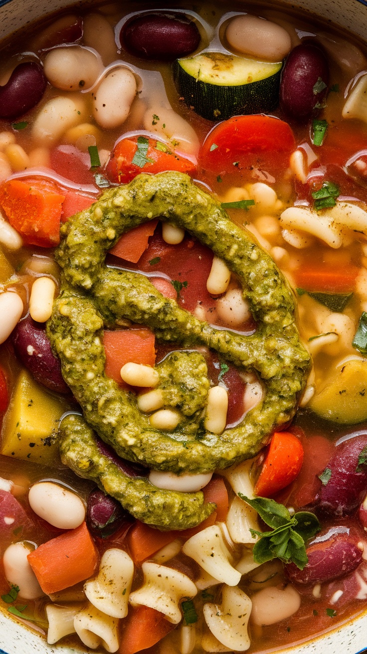 A bowl of minestrone soup topped with pesto and garnished with fresh herbs.