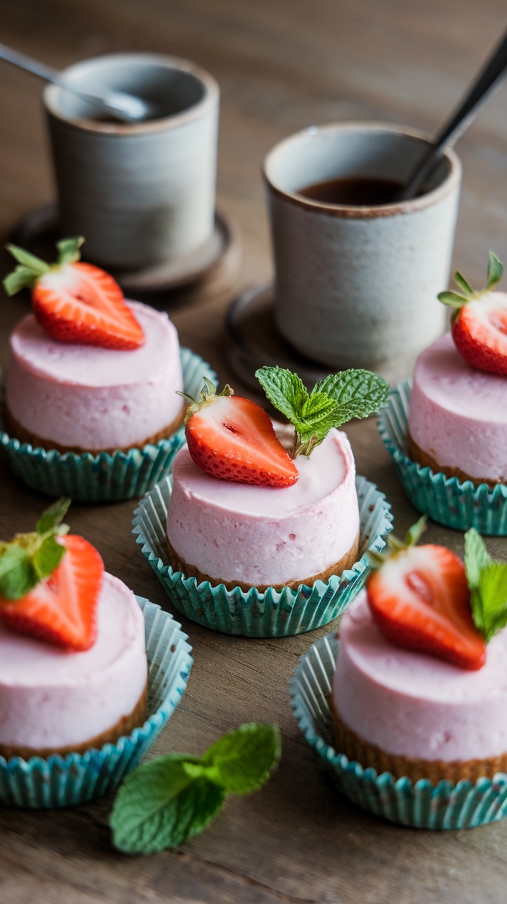 Mini strawberry cheesecake dump cakes topped with fresh strawberries and mint leaves.