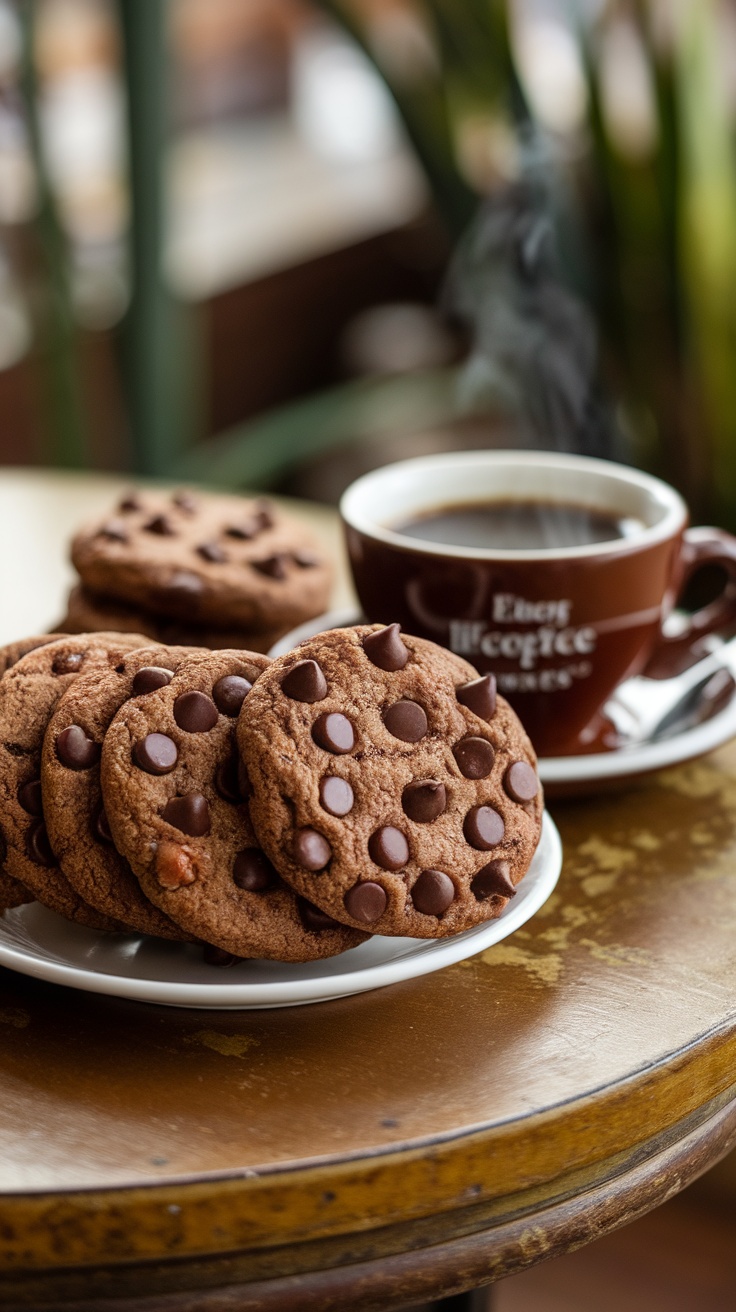 Plate of mocha espresso cookies with chocolate chips and a cup of coffee