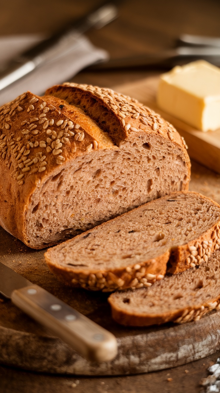 A freshly baked loaf of multigrain bread with sesame seeds on top, sliced on a wooden board.