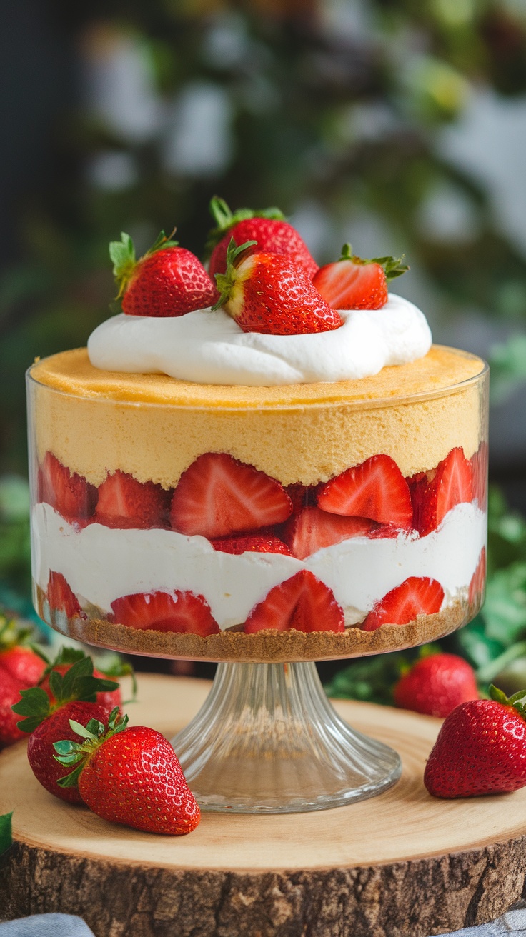 A delicious no-bake strawberry cheesecake dump cake with layers of strawberries, cream cheese, and a graham cracker crust, topped with whipped cream.