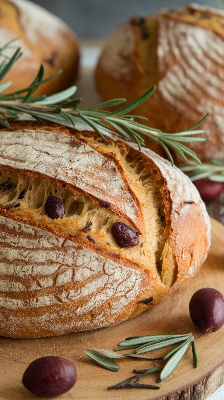 A loaf of olive bread with rosemary, showcasing a crusty exterior and stuffed with olives.