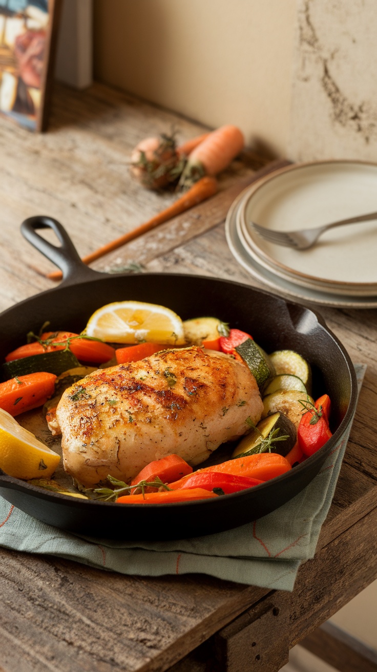 A beautifully roasted chicken with lemon slices and colorful vegetables on a rustic wooden table.