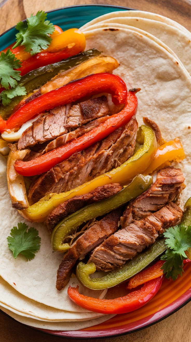 A plate of oven-baked fajitas with sliced meat and colorful bell peppers on tortillas.