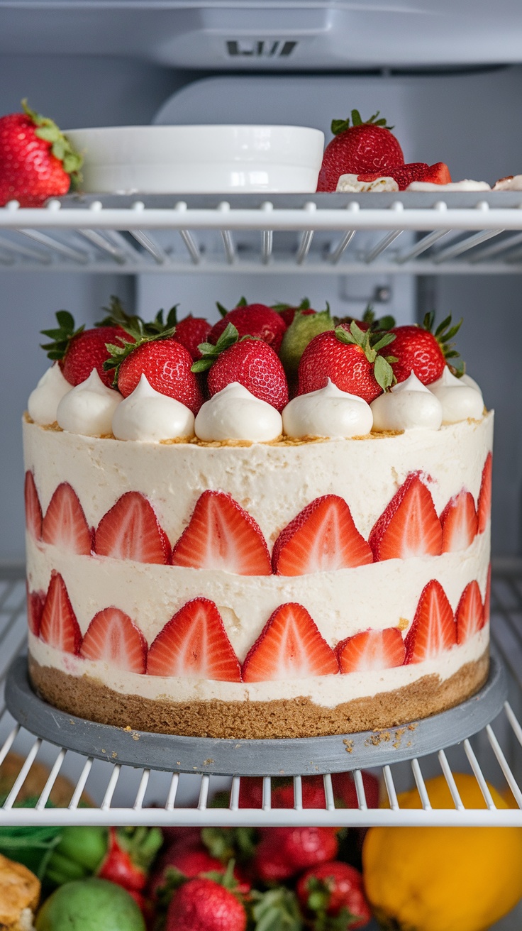 A delicious strawberry cheesecake dump cake in a fridge, showcasing layers of cream and fresh strawberries.