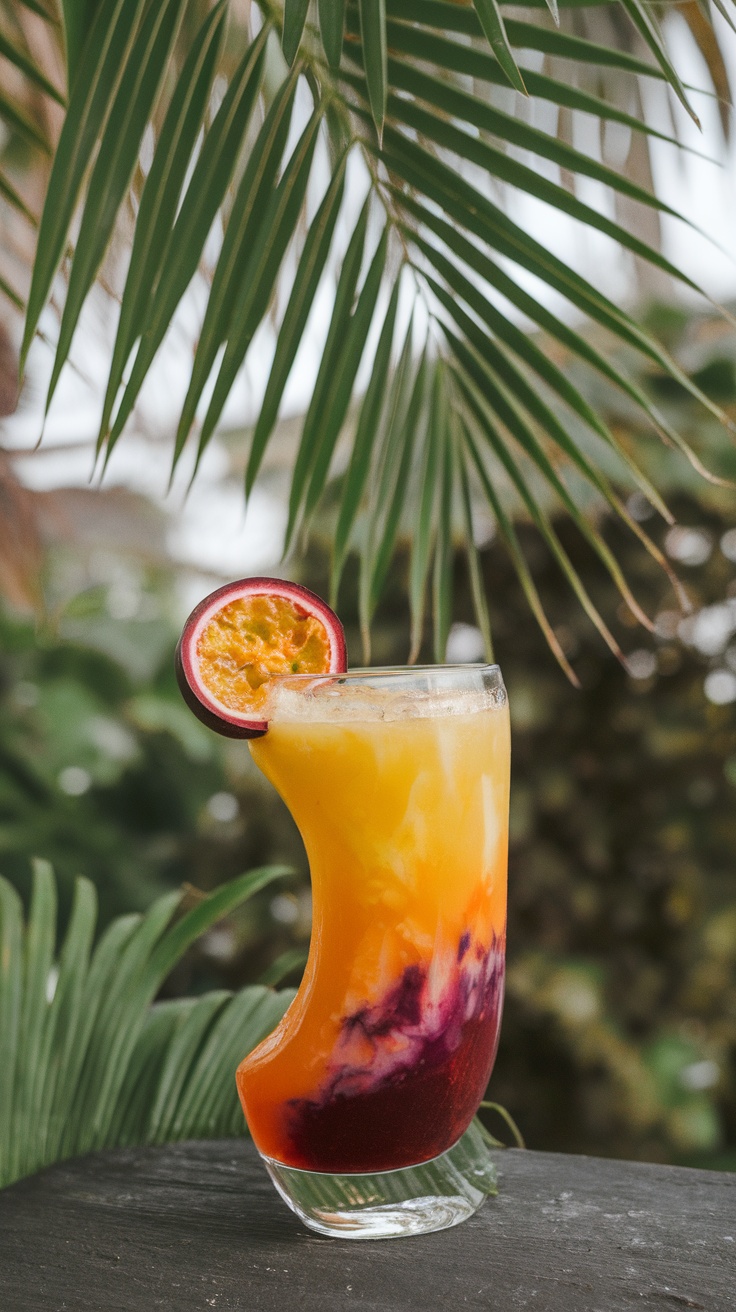 A colorful Passion Fruit Daiquiri cocktail garnished with a slice of passion fruit, surrounded by green palm leaves.