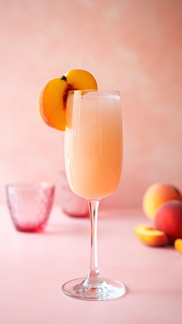 A Peach Bellini in a glass garnished with a slice of peach