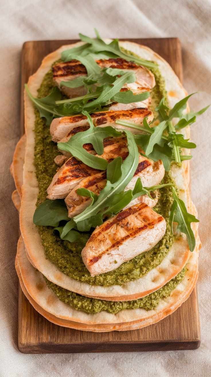 Grilled chicken on pesto spread flatbreads topped with fresh arugula.