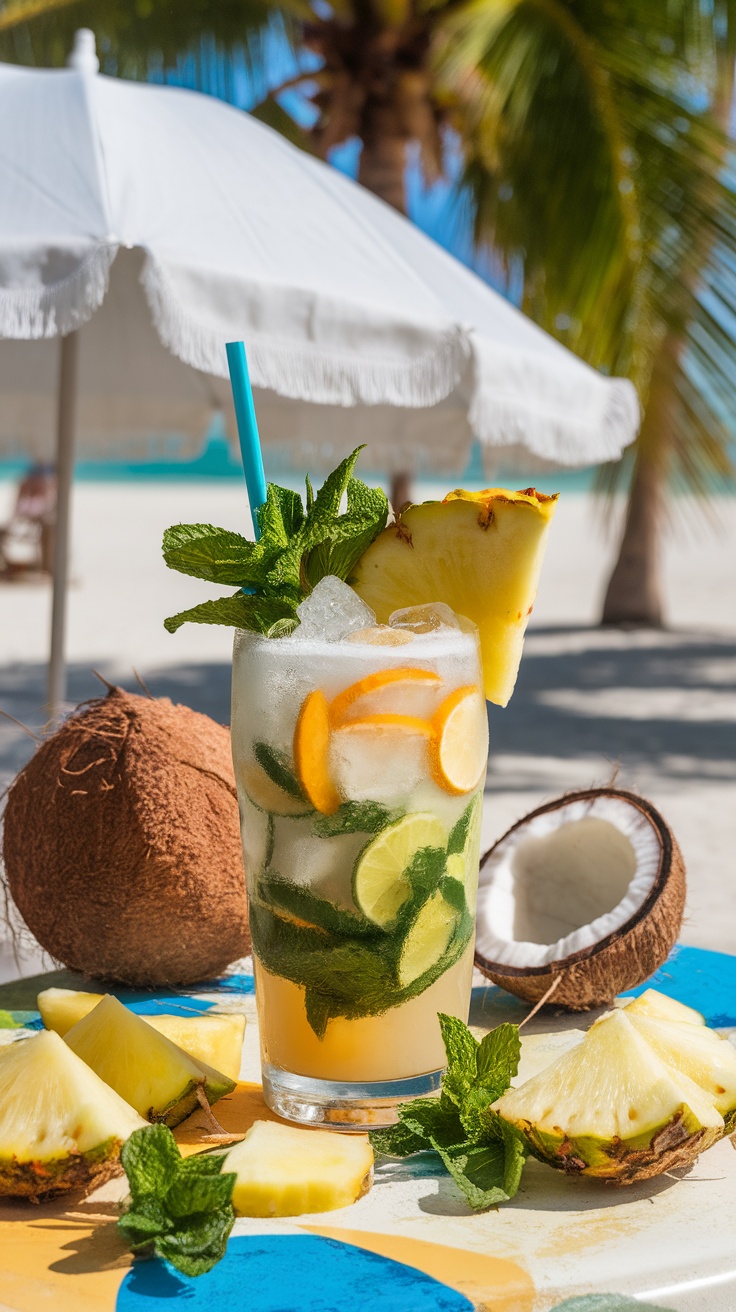 A refreshing Pineapple Coconut Mojito served on a colorful table, with pineapple and coconut in the background.