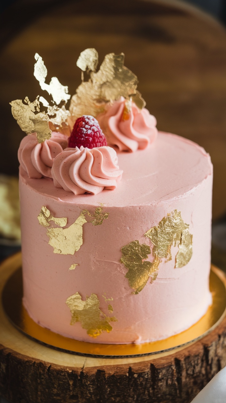 A beautiful pink champagne cake topped with gold accents and a raspberry.