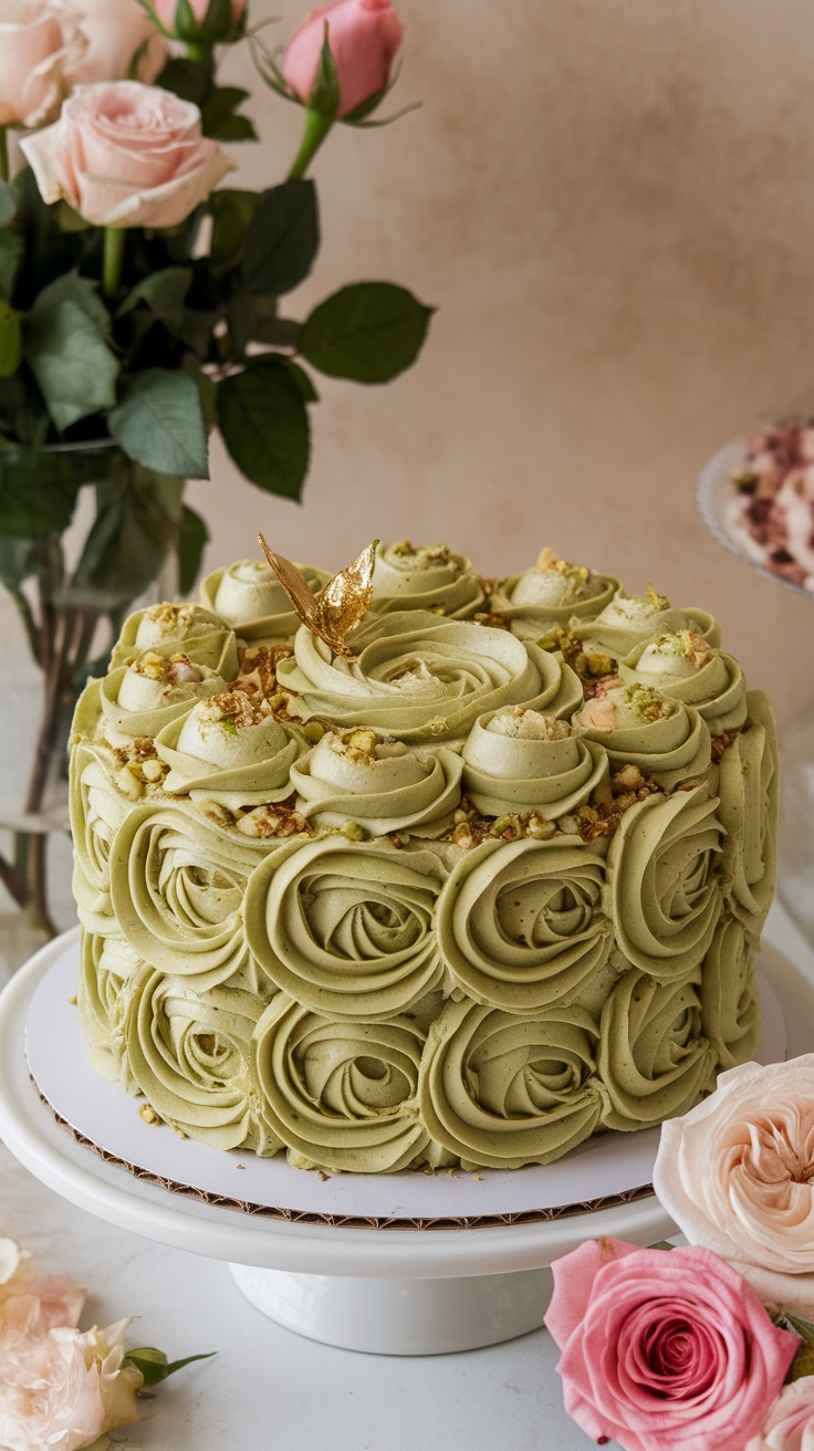 A beautifully decorated pistachio rose cake with floral accents and a golden decoration on top.