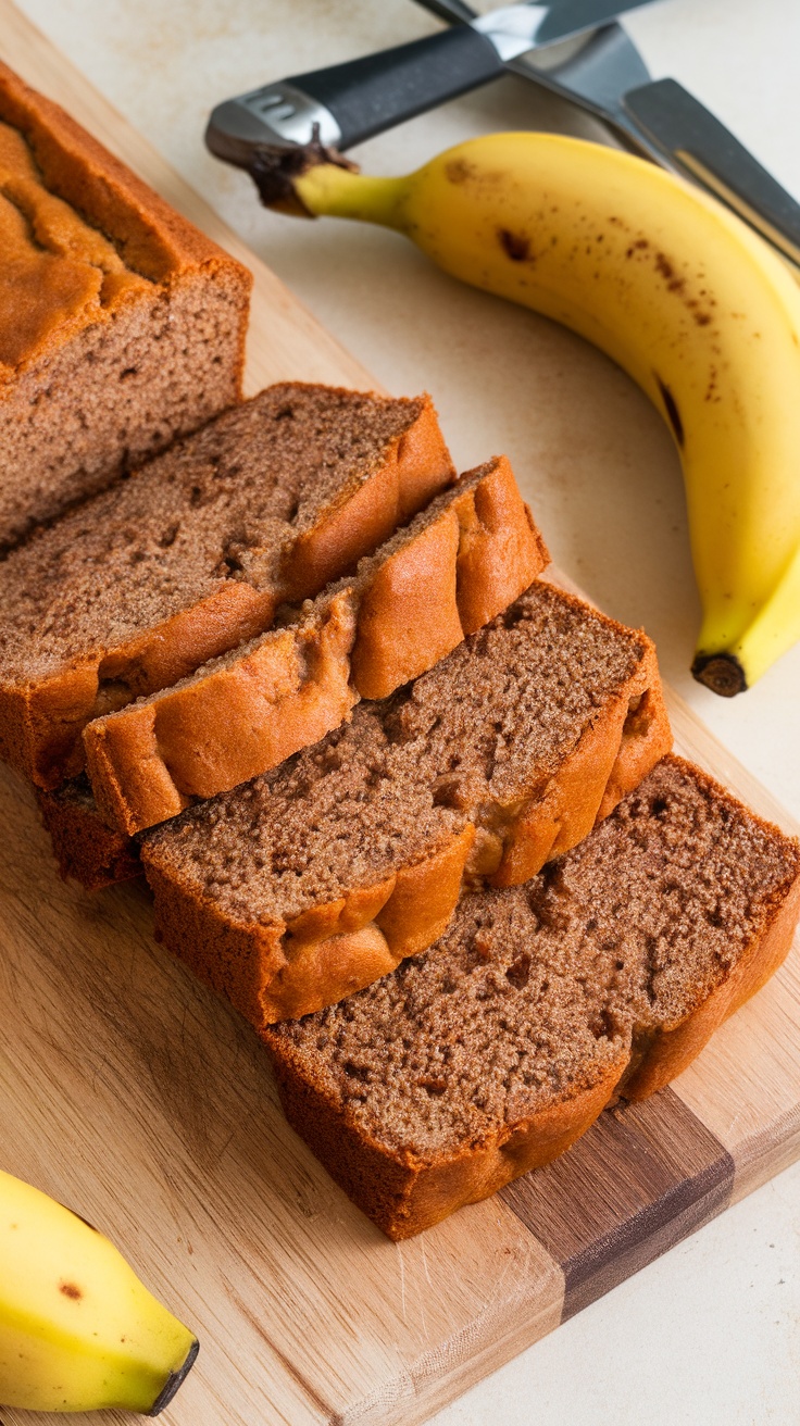 Sliced protein-packed banana bread on a wooden board with bananas nearby.